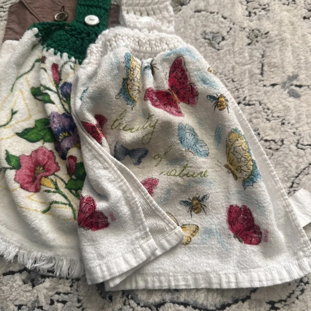 6 Vintage Cotton Floral Kitchen Linens - Towels Crochet Used As Is Cottagecore